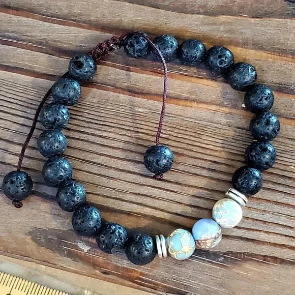 Handcrafted Chakra Bracelet Natural Blue and Tan Aqua Terra Jasper Black Lava - Picture 6 of 7